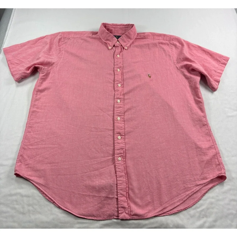 Polo Ralph Lauren Shirt Mens XLT Tall Pink Chambray Oxford Flesh Pony Button Up